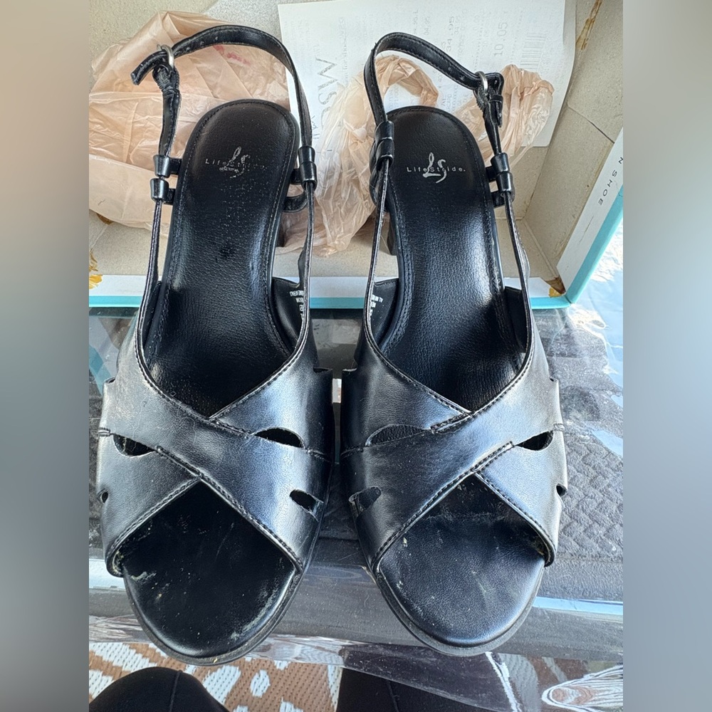 Life Stride Elegant Black Leather Slingback Sandals